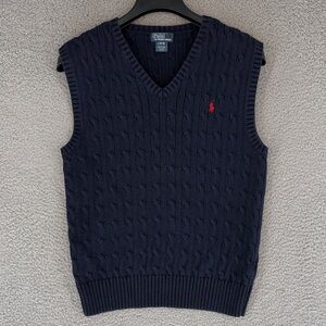 Polo by Ralph Lauren boys 14-16 cable knit Dark Blue V-Neck Sweater Vest stretch